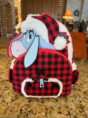 Loungefly Disney Mini Backpack. Red and Black Buffalo Plaid with Blue Accents